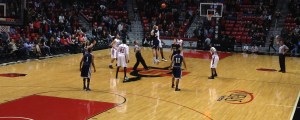 Photo Credit: CEO David Frerker. San Diego State's DeShawn Stephens controlling the opening tipoff 