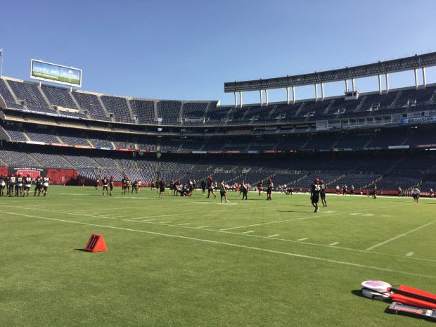 Mandatory Photo Credit: San Diego Sports Domination CEO & Founder David Frerker. Aztecs taking the field during 2015 fall practice at Qualcomm.