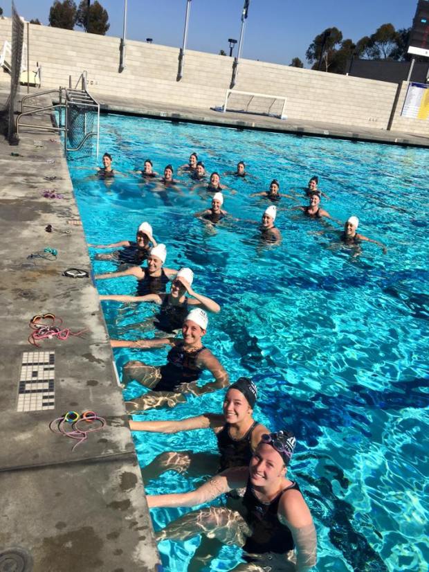 Warm up for SDSU A vs SDSU B--> we are one team! Mandatory Photo Credit: SDSU Women's Club Water Polo.