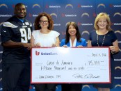 (L to R) San Diego Chargers Defensive End Corey Liuget; Casa de Amparo Executive Director Tamara Fleck-Myers, LMFT; Union Bank Regional President Robbin Narike Preciado; and San Diego Chargers Director of Public Affairs & Corporate/Community Relations Kimberly Layton pause for a photo after Union Bank and the San Diego Chargers presented $15,000 raised through the Game Changers program to Casa de Amparo.