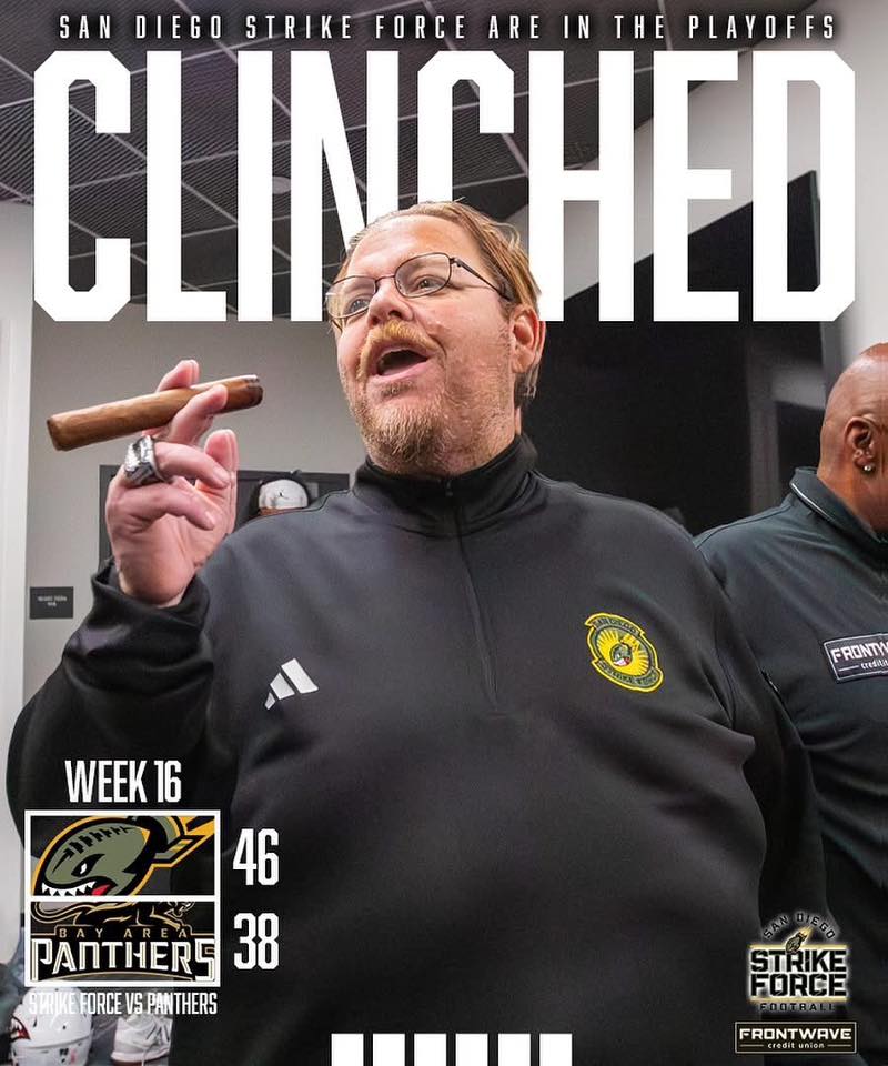 A coach celebrating a playoff clinch for the San Diego Strike Force, holding a cigar and expressing excitement, with the game score featuring the Bay Area Panthers prominently displayed.