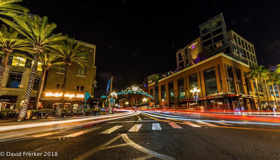 Gaslamp Quarter in downtown San Diego at night near Petco Park