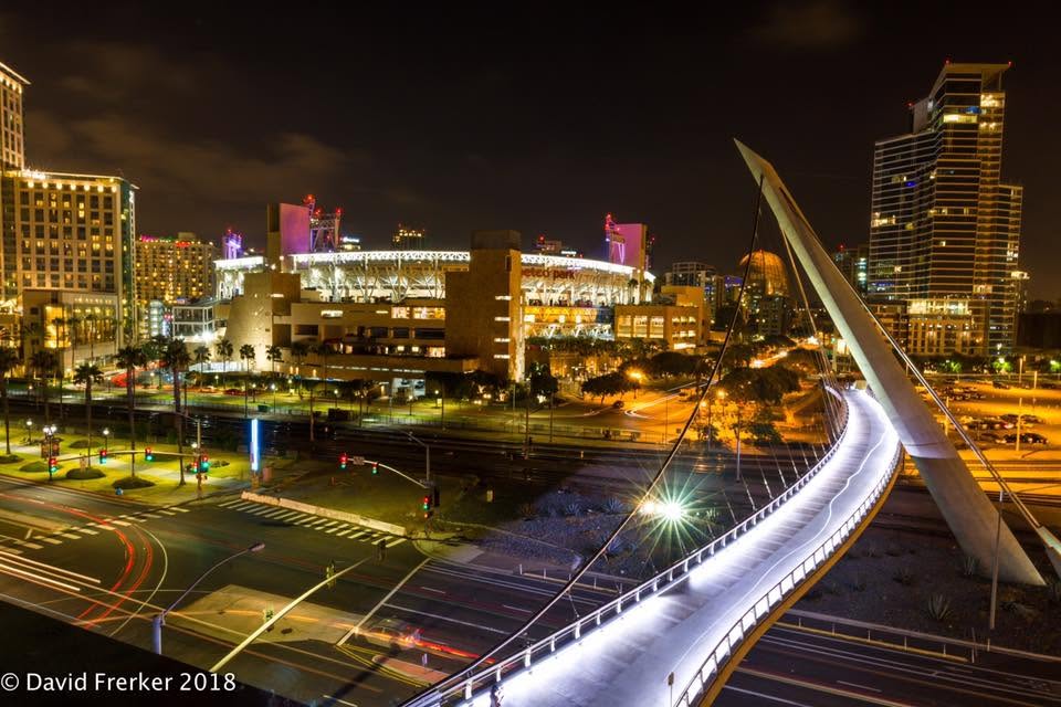 Petco Park illuminated at night in downtown San Diego