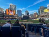 View of Petco Park from behind home plate during a San Diego Padres game