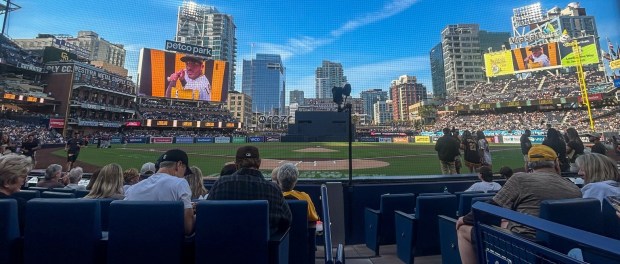 View of Petco Park from behind home plate during a San Diego Padres game